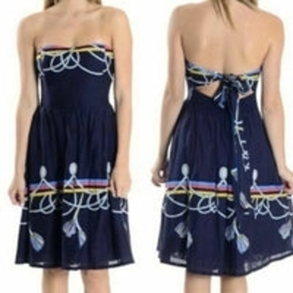 Navy Strapless Rope-Print Sundress with Back Tie